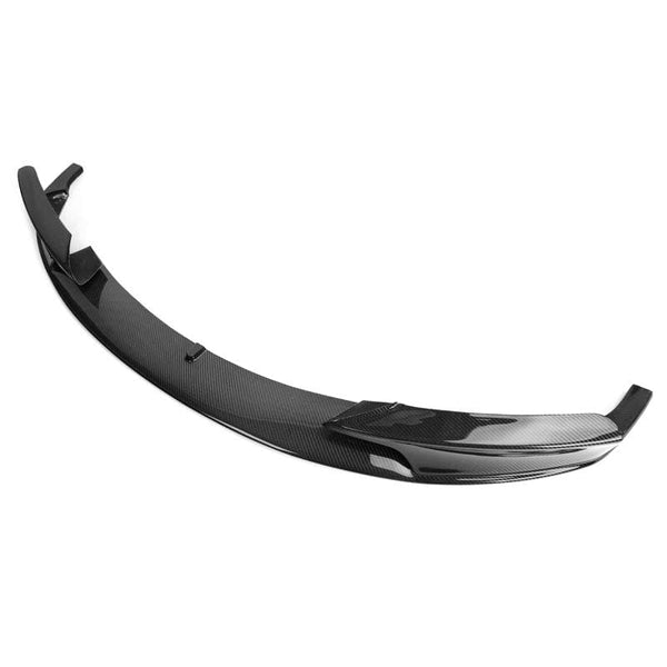 Glossy carbon fiber M Performance style front lip spoiler for BMW 3 Series.
